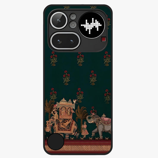 Macmerise Glass Case showing flat back view with stylish modern artwork and glossy glass finish.