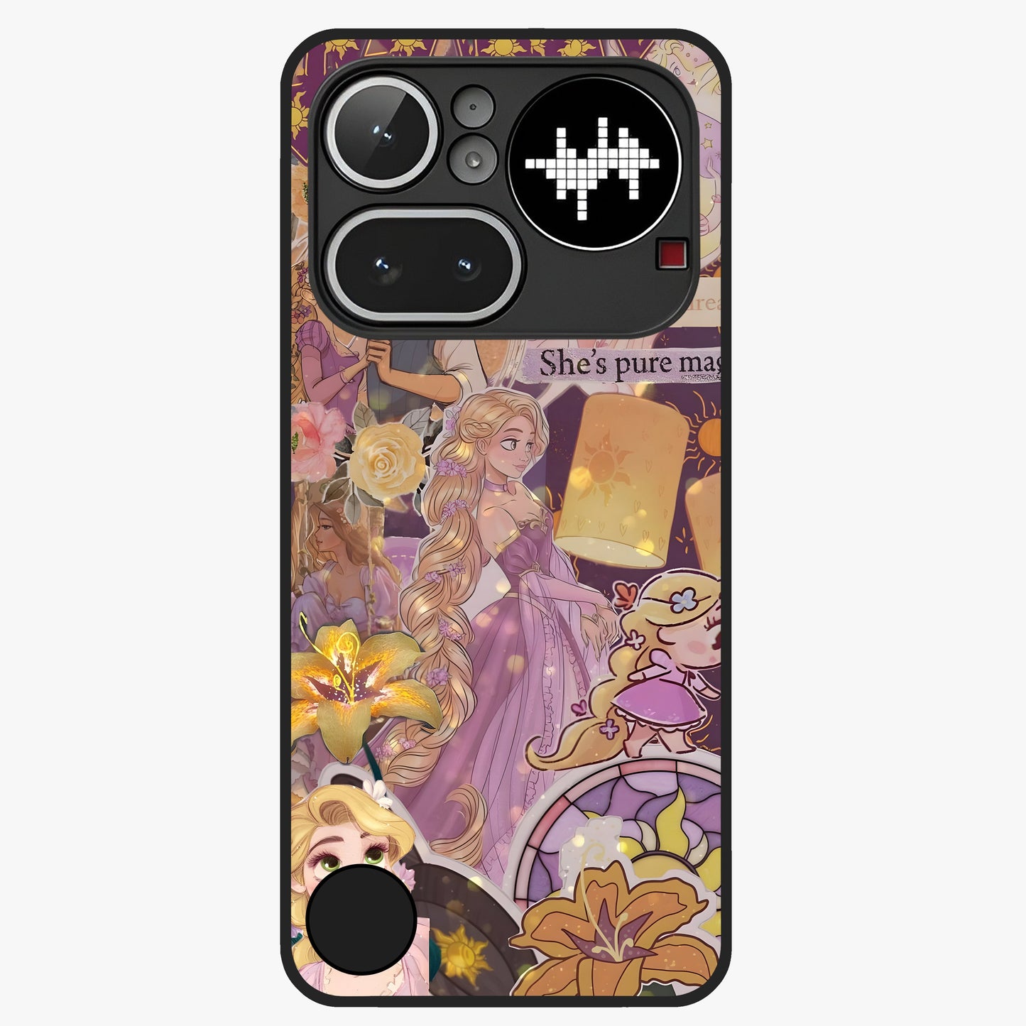Magical Tangled Dream Glass Case showing flat back view with dreamy tangled artwork and glossy glass finish.