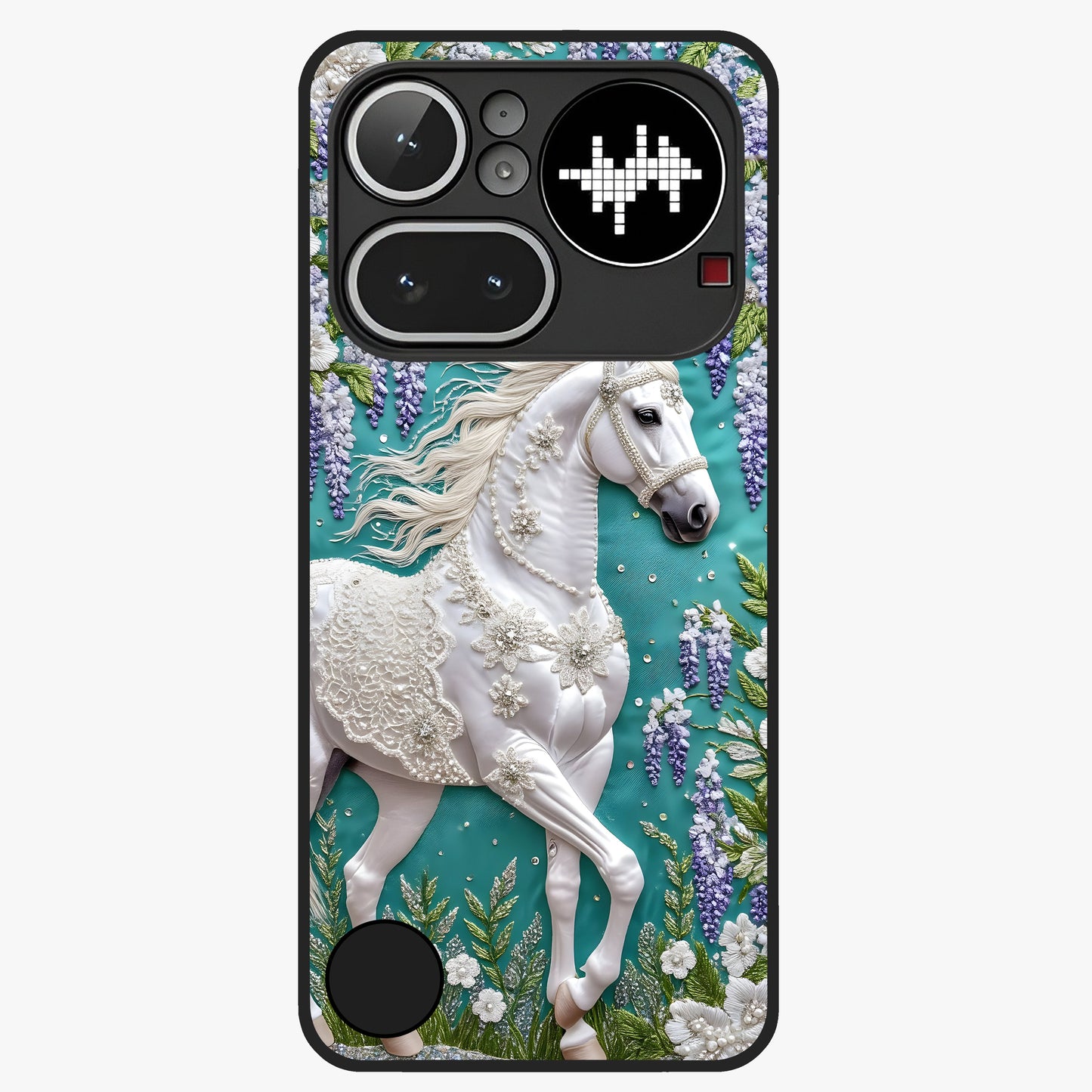 Majestic Floral Stallion Glass Case showing flat back view with powerful horse and floral artwork and glossy glass finish.