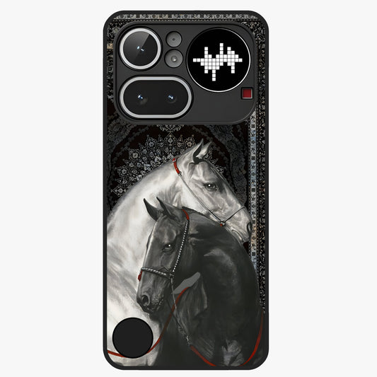 Majestic Ride Legacy Glass Case showing flat back view with powerful automotive inspired artwork and glossy glass finish.