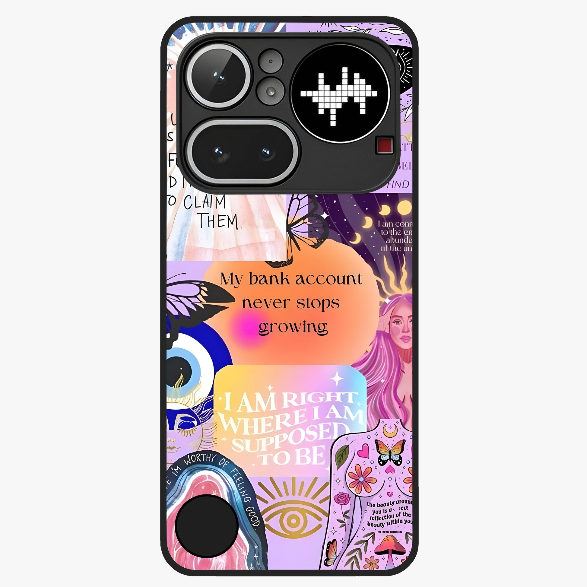 Manifestation Collage Glass Case showing flat back view with motivational collage artwork and glossy glass finish.