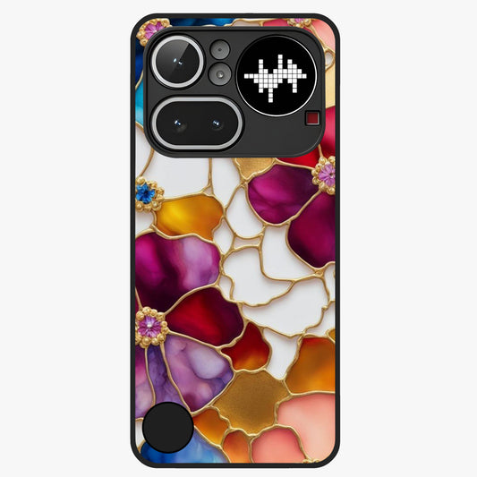 Marble Flower Pattern Glass Case showing flat back view with marble texture floral artwork and glossy glass finish.