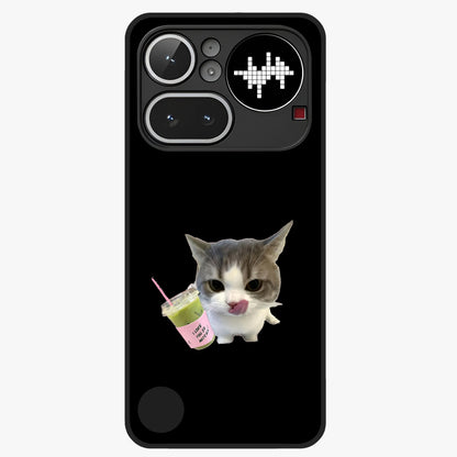 Matcha Cat Style Glass Case showing flat back view with cute matcha themed cat artwork and glossy glass finish.