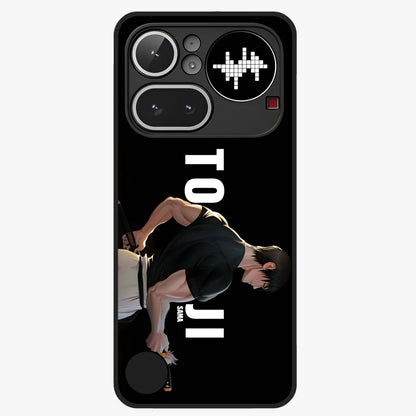 Midnight Blade Resolve Glass Case showing flat back view with dark warrior sword artwork and glossy glass finish.