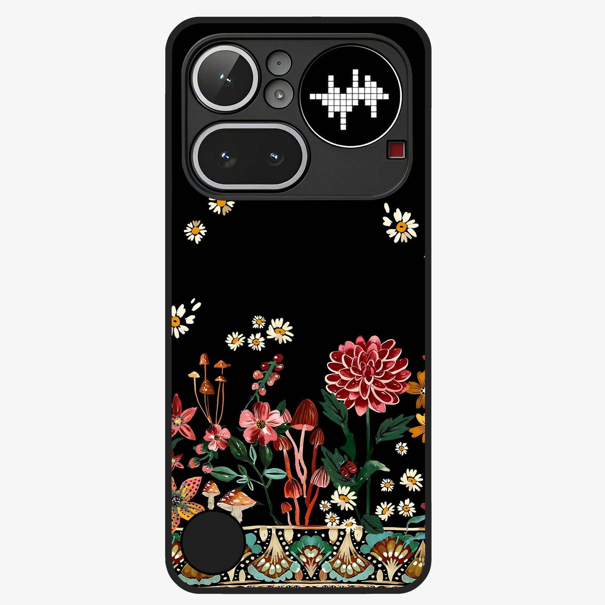 Midnight Bloom Pattern Glass Case showing flat back view with dark floral pattern artwork and glossy glass finish.