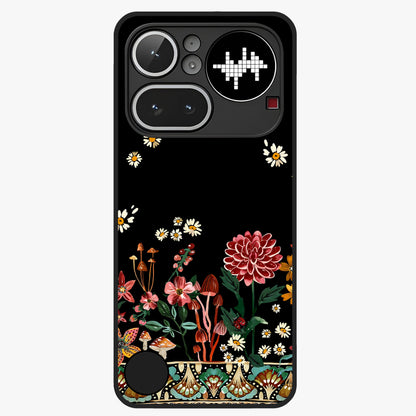 Midnight Bloom Pattern Glass Case showing flat back view with dark floral pattern artwork and glossy glass finish.