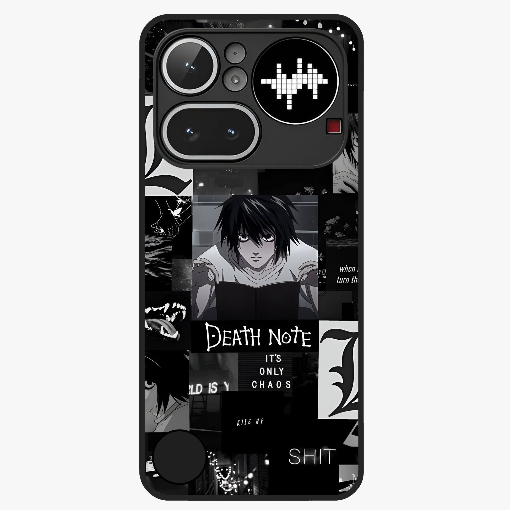 Midnight Chaos Mind Glass Case showing flat back view with abstract dark themed artwork and glossy glass finish.