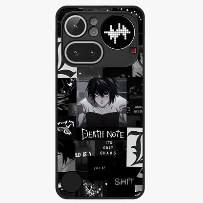 Midnight Chaos Mind Glass Case showing flat back view with abstract dark themed artwork and glossy glass finish.