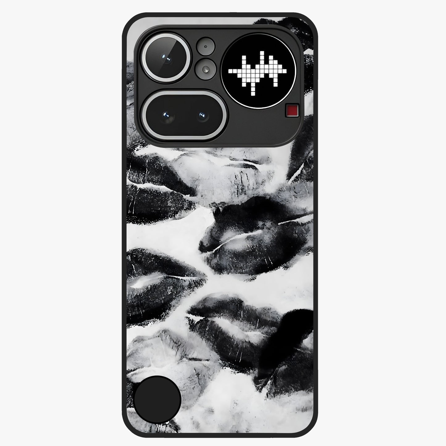 Midnight Kiss Marks Glass Case showing flat back view with lipstick kiss mark artwork and glossy glass finish.