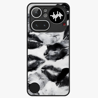 Midnight Kiss Marks Glass Case showing flat back view with lipstick kiss mark artwork and glossy glass finish.
