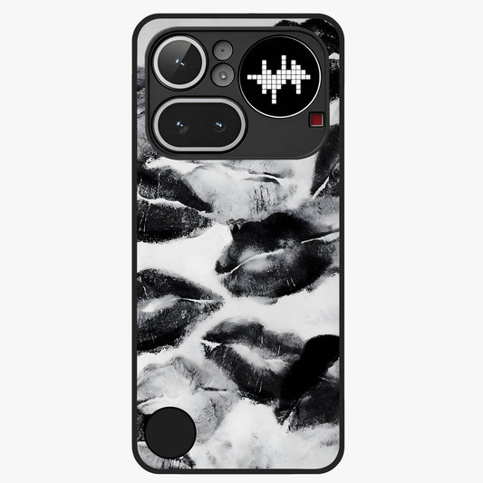 Midnight Kiss Marks Glass Case showing flat back view with lipstick kiss mark artwork and glossy glass finish.