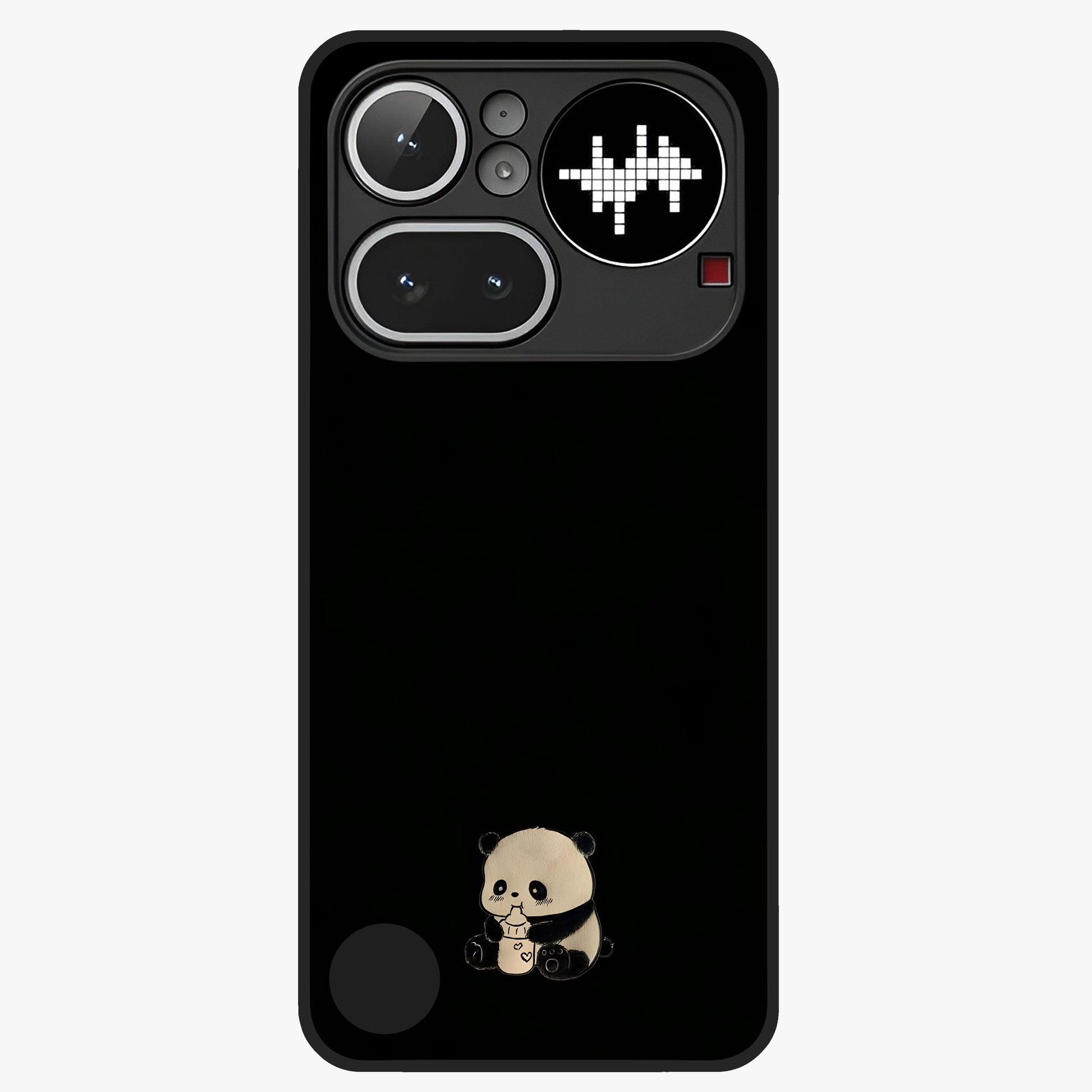 Midnight Panda Love Glass Case showing flat back view with cute panda themed artwork and glossy glass finish.