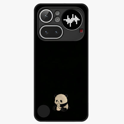 Midnight Panda Love Glass Case showing flat back view with cute panda themed artwork and glossy glass finish.
