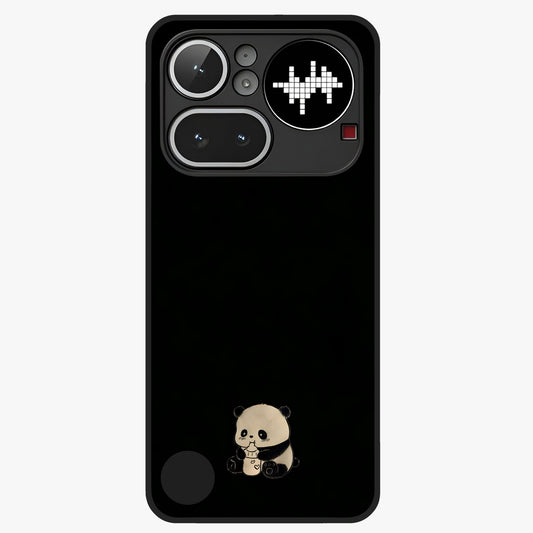 Midnight Panda Love Glass Case showing flat back view with cute panda themed artwork and glossy glass finish.