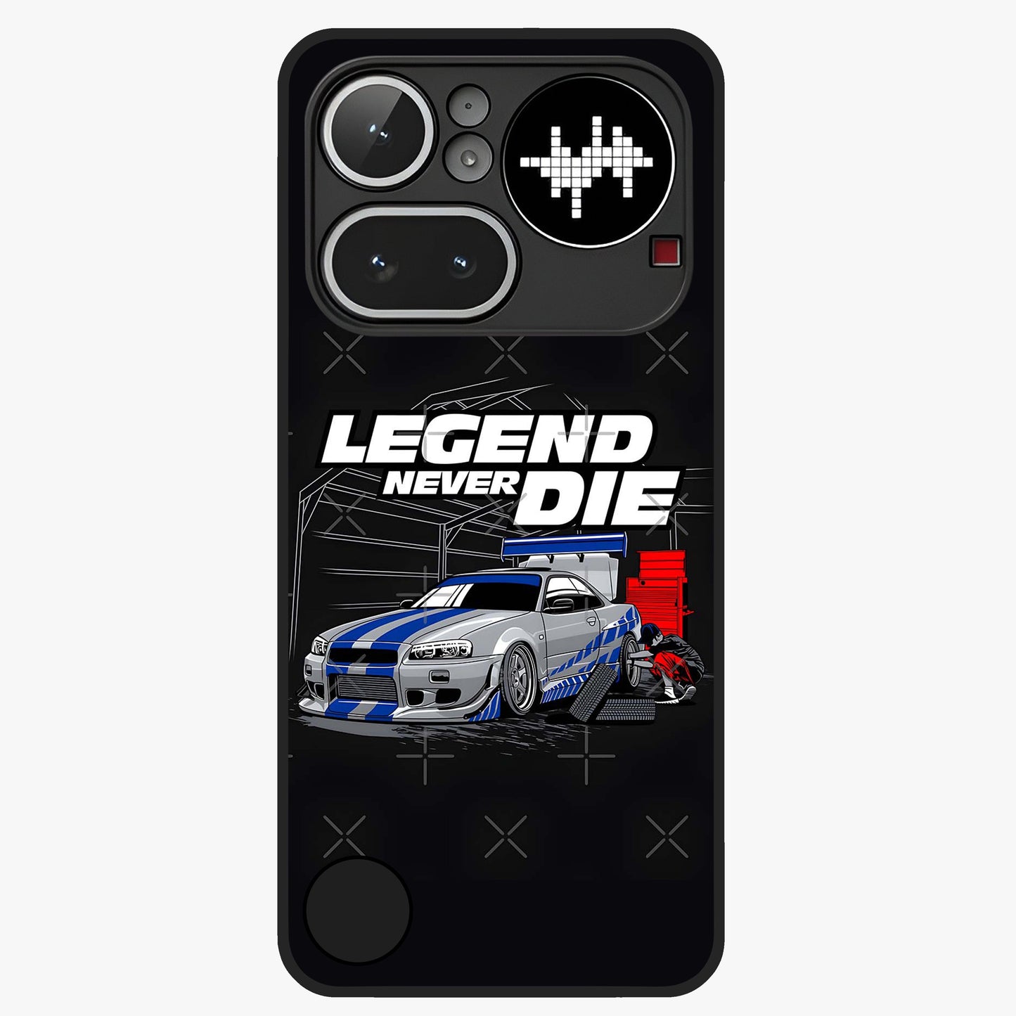 Midnight Racing Legacy Glass Case showing flat back view with sleek racing inspired artwork and glossy glass finish.