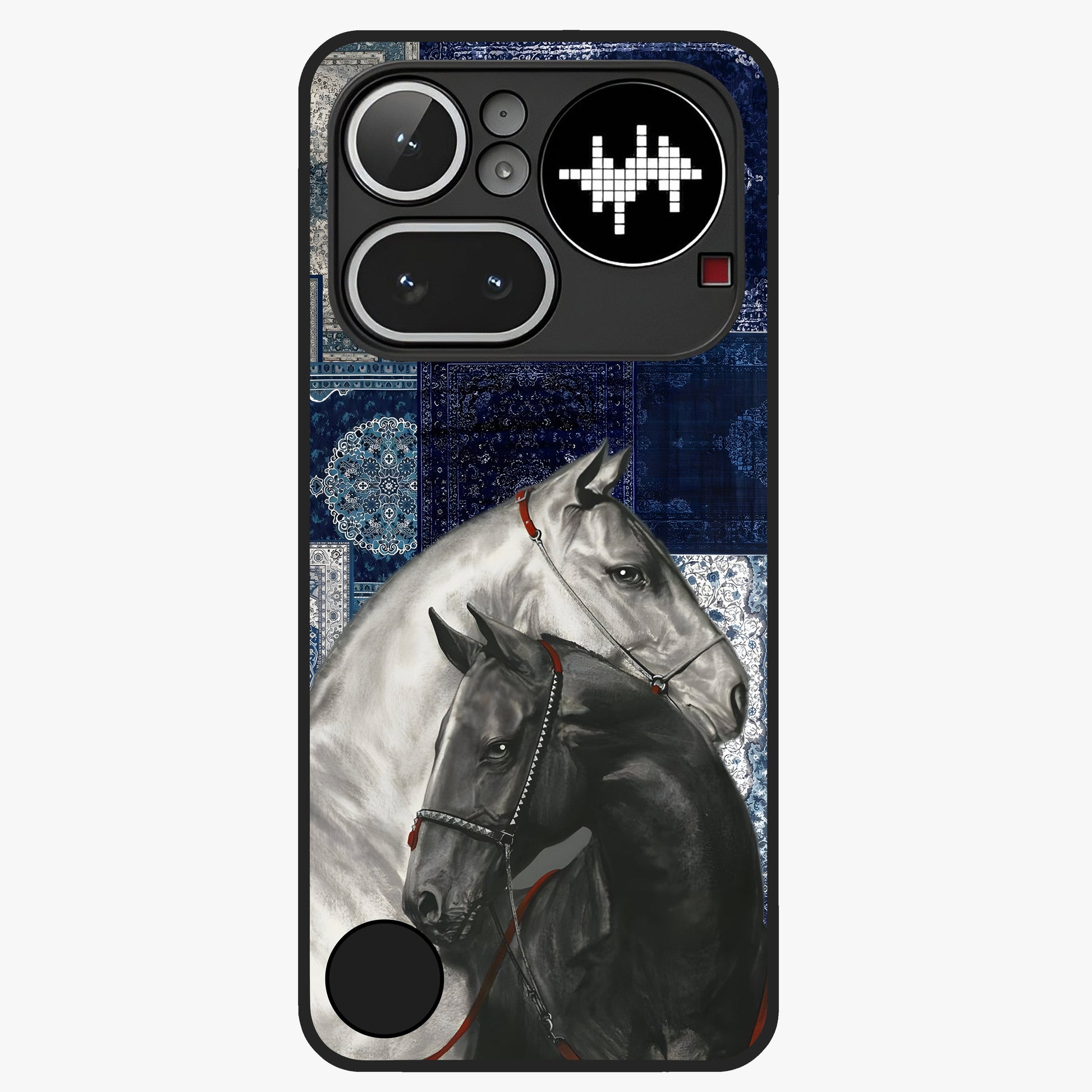 Midnight Stallion Blues Glass Case showing flat back view with majestic horse artwork and glossy glass finish.