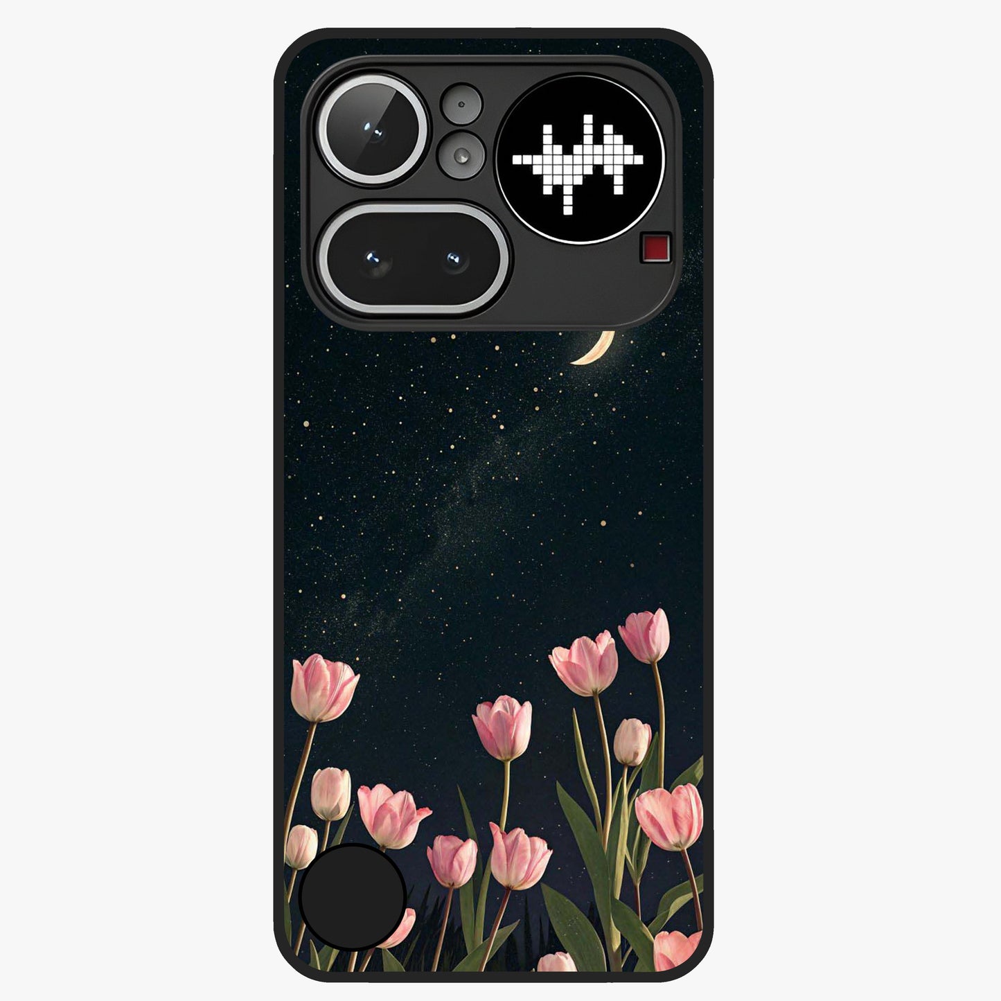Midnight Tulip Whispers Vibe Glass Case showing flat back view with elegant tulip flower artwork and glossy glass finish.