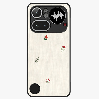 Minimal Petal Whispers Glass Case showing flat back view with soft minimal floral artwork and glossy glass finish.