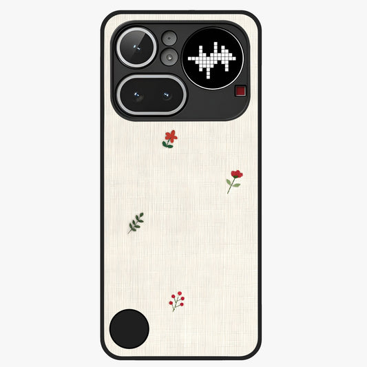 Minimal Petal Whispers Glass Case showing flat back view with soft minimal floral artwork and glossy glass finish.