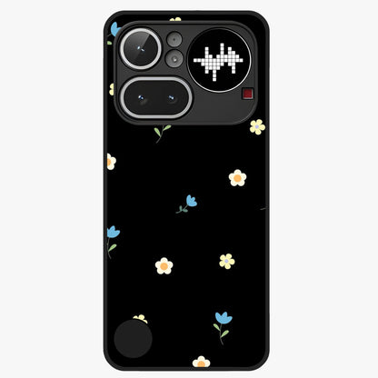 Minimalistic Blue With White Flower Pattern Glass Case showing flat back view with blue background and white flower pattern and glossy glass finish.