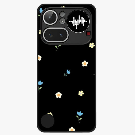 Minimalistic Blue With White Flower Pattern Glass Case showing flat back view with blue background and white flower pattern and glossy glass finish.