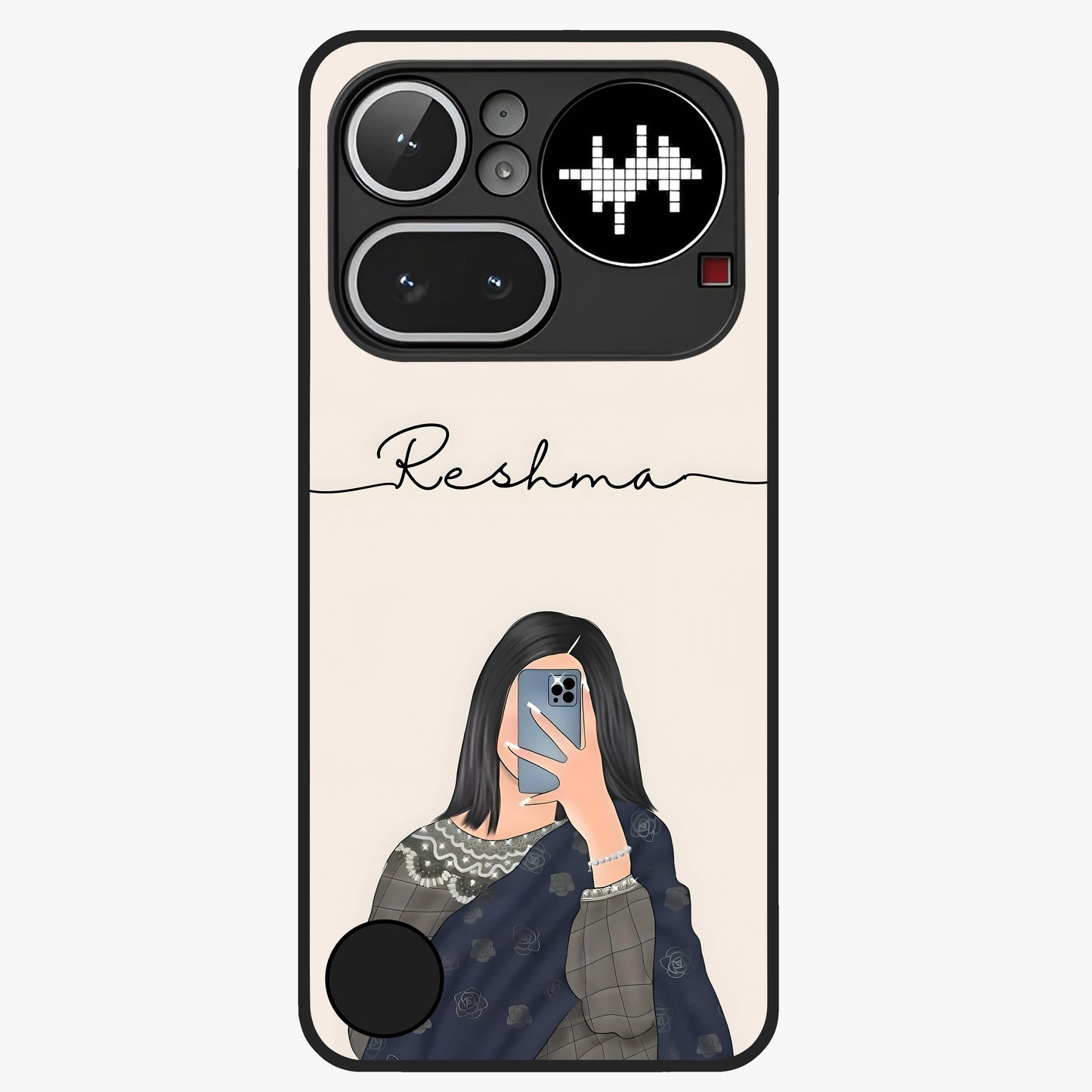 Mirror Mood Muse With Custom Name Glass Case showing flat back view with stylish mirrored artwork and personalized name design.
