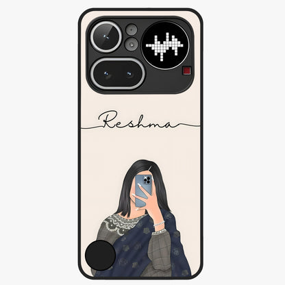 Mirror Mood Muse With Custom Name Glass Case showing flat back view with stylish mirrored artwork and personalized name design.