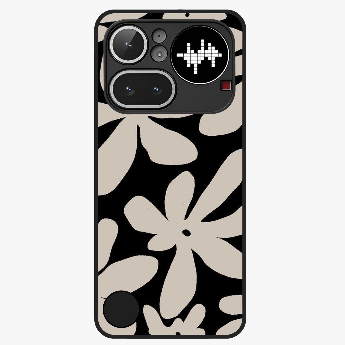 Monochrome Petal Dance Glass Case showing flat back view with monochrome floral artwork and glossy glass finish.