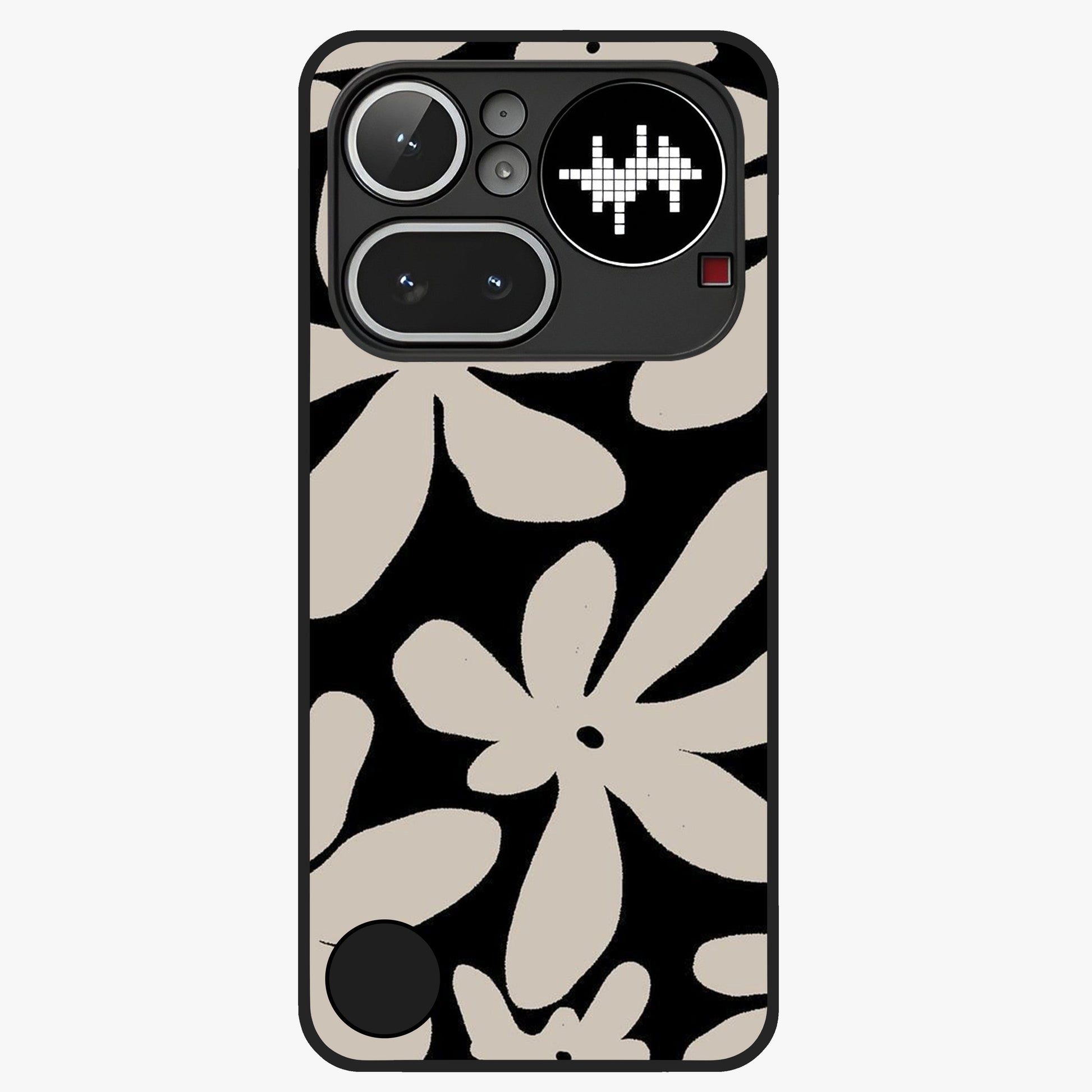 Monochrome Petal Dance Glass Case showing flat back view with monochrome floral artwork and glossy glass finish.