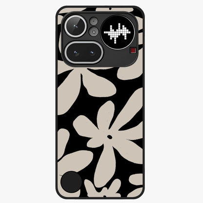 Monochrome Petal Dance Glass Case showing flat back view with monochrome floral artwork and glossy glass finish.