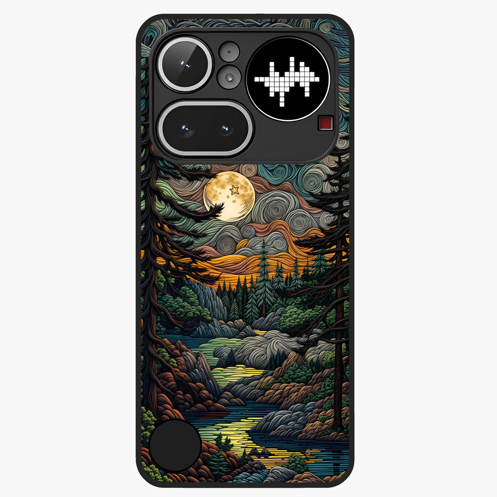 Moonlight Forest Dream Glass Case showing flat back view with mystical forest moonlight artwork and glossy glass finish.