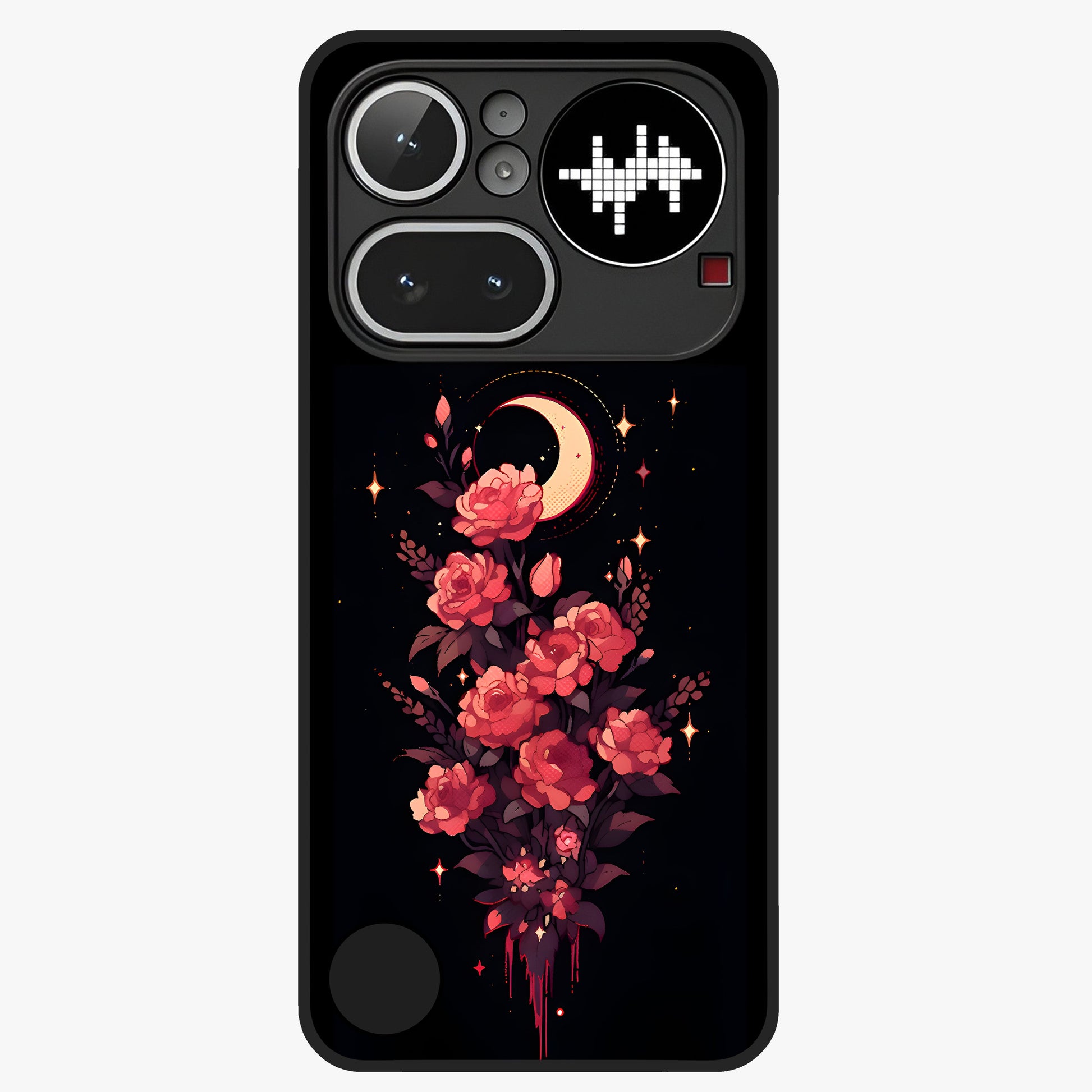 Moonlit Floral Elegance Glass Case showing flat back view with elegant floral artwork under moonlit tones and glossy glass finish.