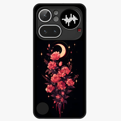 Moonlit Floral Elegance Glass Case showing flat back view with elegant floral artwork under moonlit tones and glossy glass finish.