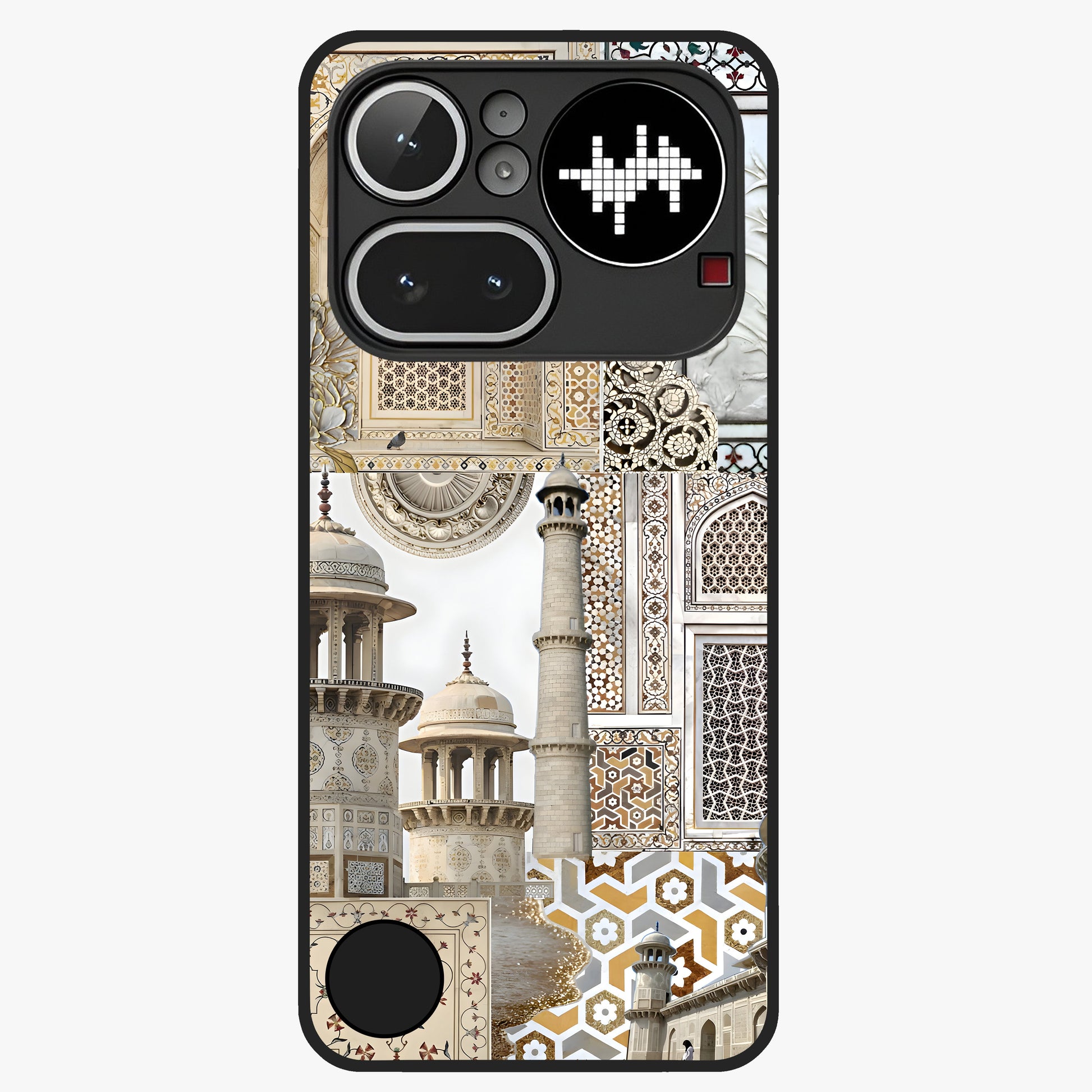 Mughal Marble Legacy Glass Case showing flat back view with intricate Mughal inspired marble pattern and glossy glass finish.