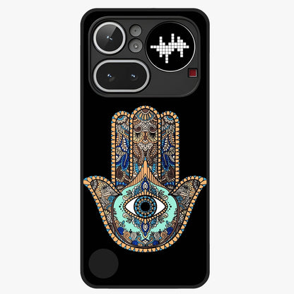 Mystic Hamsa Eye Glass Case showing flat back view with protective hamsa hand and evil eye artwork and glossy glass finish.