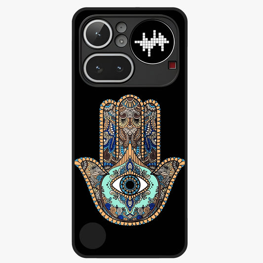 Mystic Hamsa Eye Glass Case showing flat back view with protective hamsa hand and evil eye artwork and glossy glass finish.