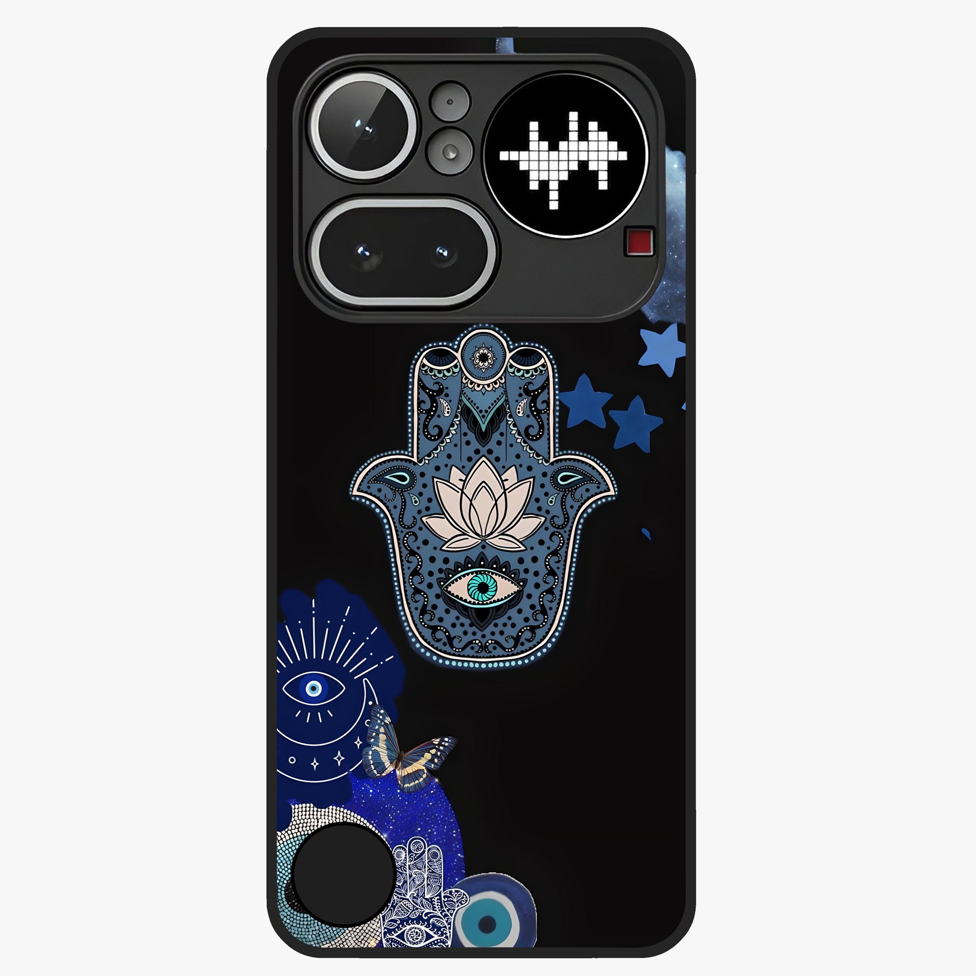 Mystic Hand Aura Glass Case showing flat back view with mystical hand symbol artwork and glossy glass finish.