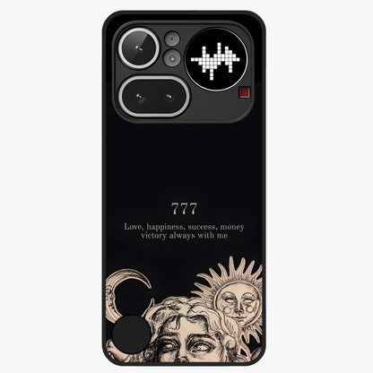 Mystic Victory Aura Glass Case showing flat back view with victory symbol artwork and glossy glass finish.