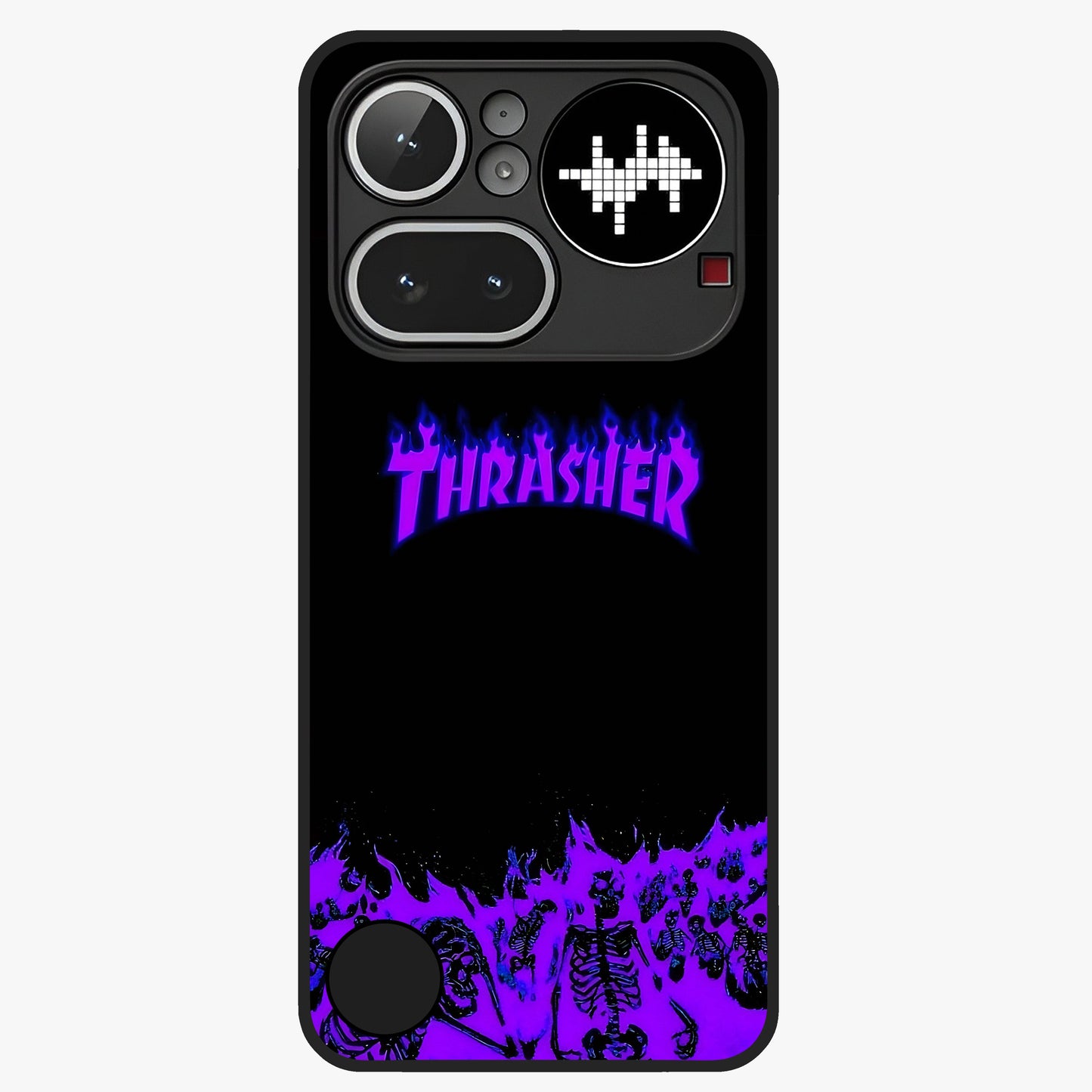 Neon Flame Riot Glass Case showing flat back view with neon flame artwork and glossy glass finish.