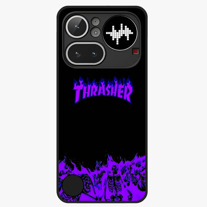 Neon Flame Riot Glass Case showing flat back view with neon flame artwork and glossy glass finish.