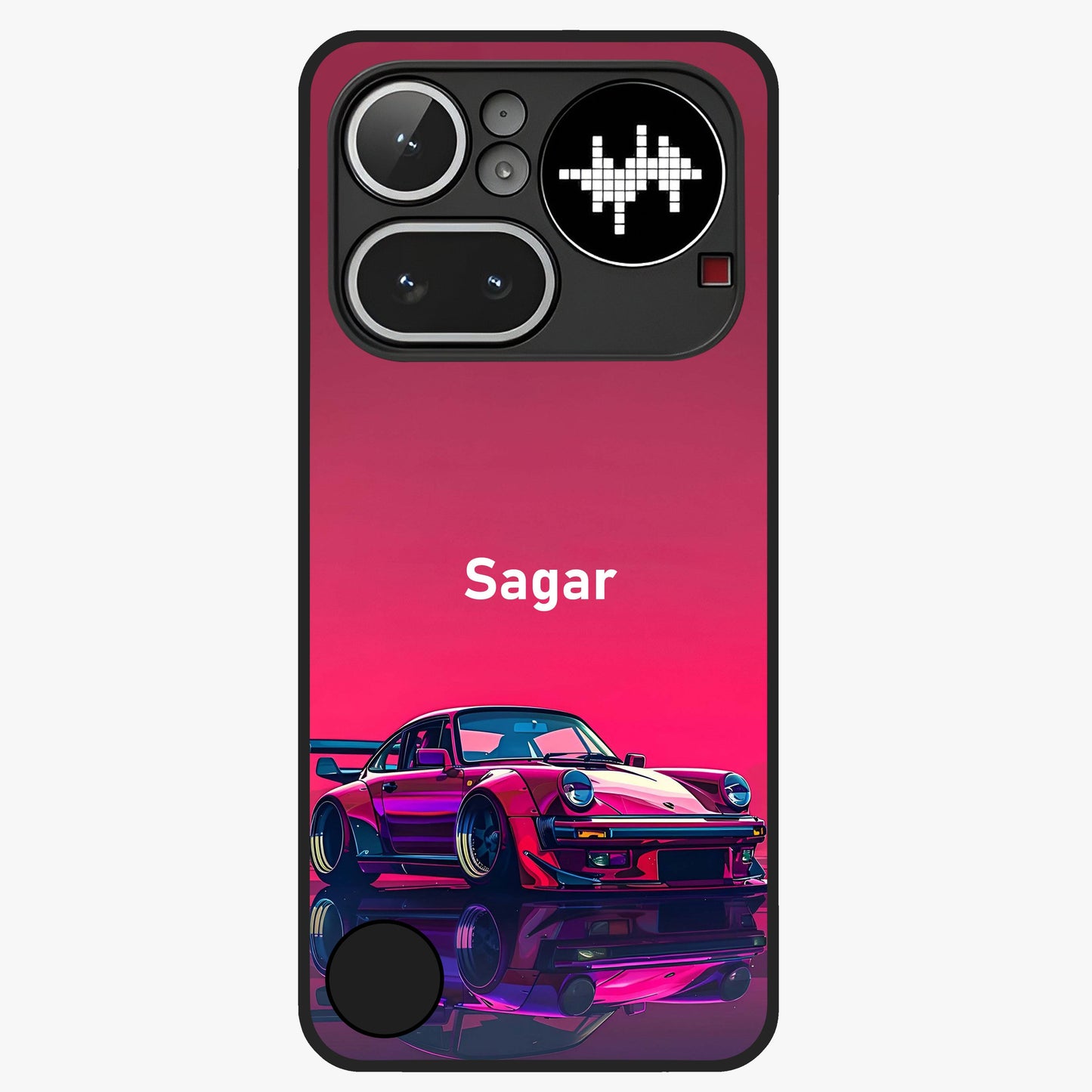 Neon Pink Porsche Glass Case showing flat back view with stylish sports car artwork and glossy glass finish.