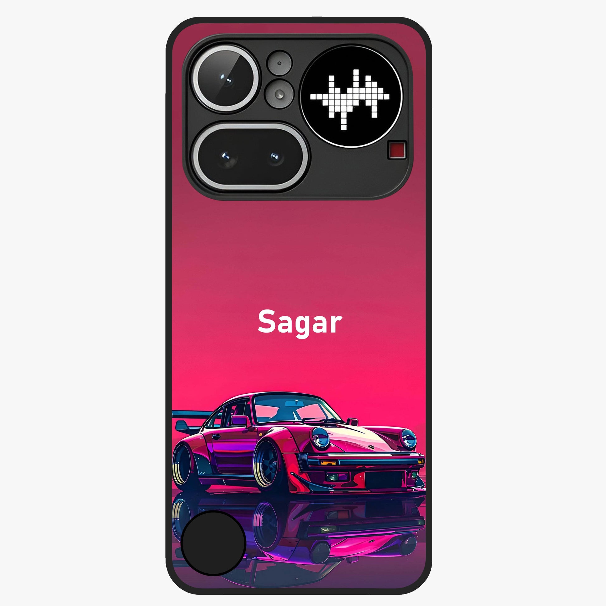 Neon Pink Porsche Glass Case showing flat back view with stylish sports car artwork and glossy glass finish.
