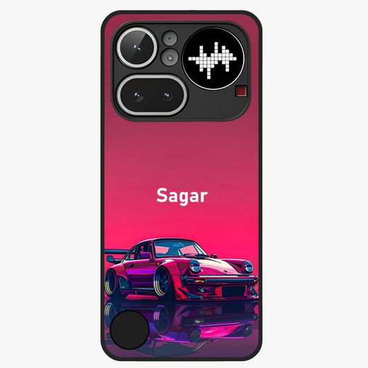 Neon Pink Porsche Glass Case showing flat back view with stylish sports car artwork and glossy glass finish.