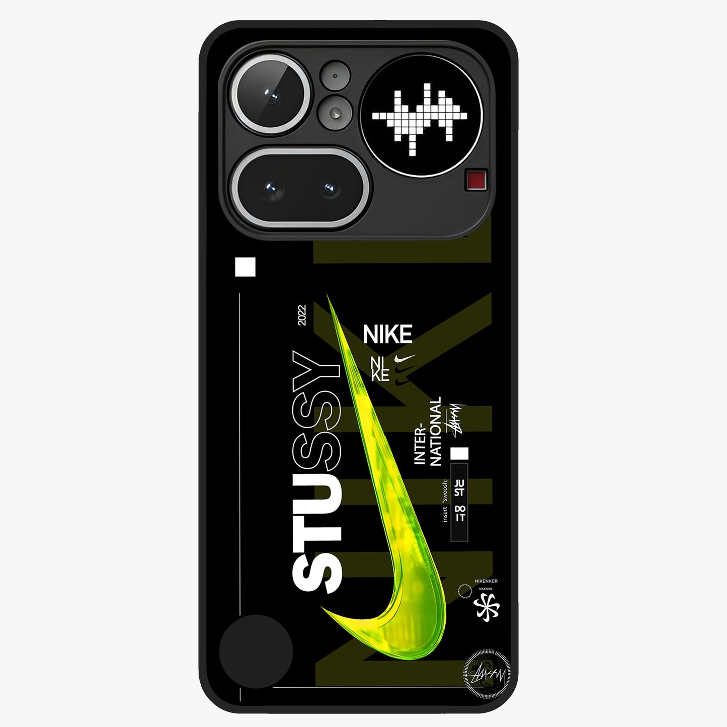 Neon Street Edition Glass Case showing flat back view with neon street style artwork and glossy glass finish.