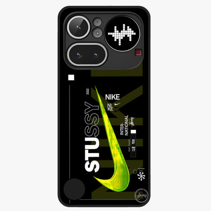 Neon Street Edition Glass Case showing flat back view with neon street style artwork and glossy glass finish.