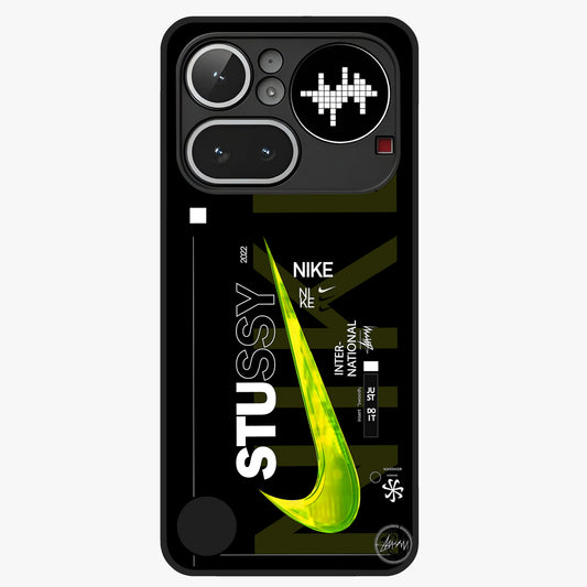 Neon Street Edition Glass Case showing flat back view with neon street style artwork and glossy glass finish.