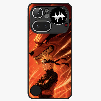 Nine Tails Legacy Glass Case showing flat back view with powerful nine-tailed fox inspired artwork and glossy glass finish.