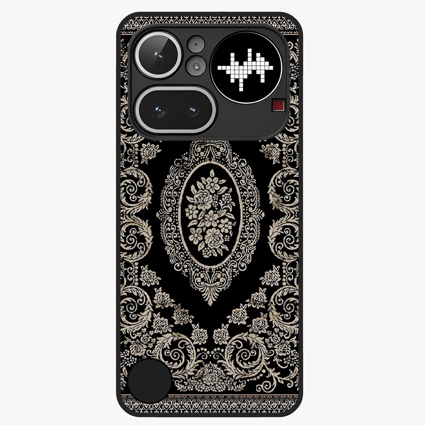 Noir Bloom Elegance Glass Case showing flat back view with elegant dark floral artwork and glossy glass finish.
