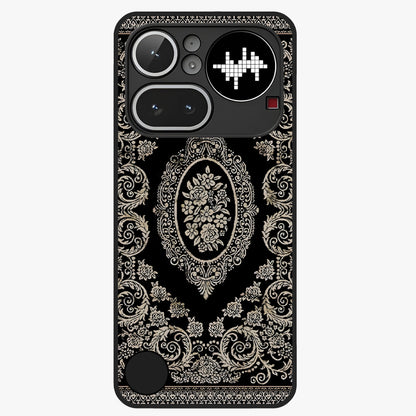 Noir Bloom Elegance Glass Case showing flat back view with elegant dark floral artwork and glossy glass finish.