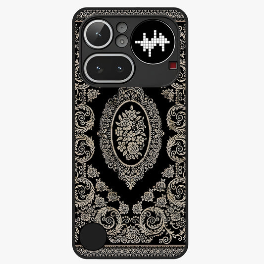 Noir Bloom Elegance Glass Case showing flat back view with elegant dark floral artwork and glossy glass finish.